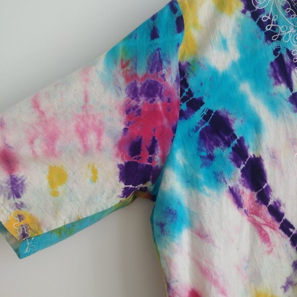 Handmade sturdy 100% cotton approx XL tie dye look embroidered blouse pockets - Picture 4 of 16